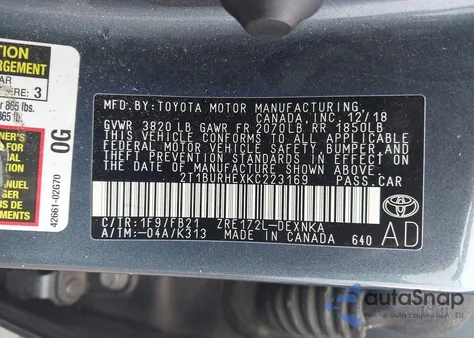 2019 Toyota Corolla Le from USA, damaged, VIN 2T1BURHEXKC223169